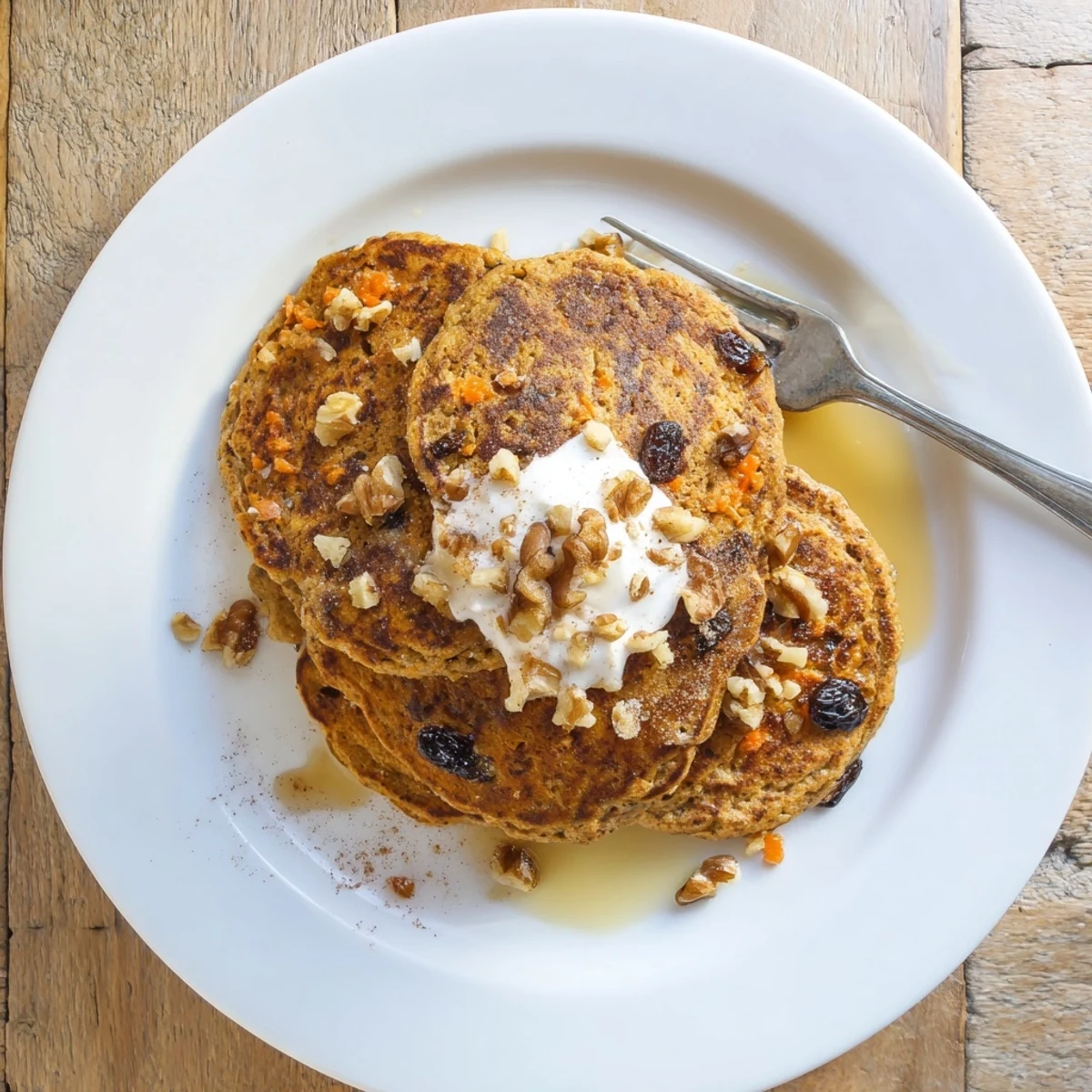 Stack of fluffy carrot cake pancakes topped with sweet maple syrup and chopped walnuts on a white plate.