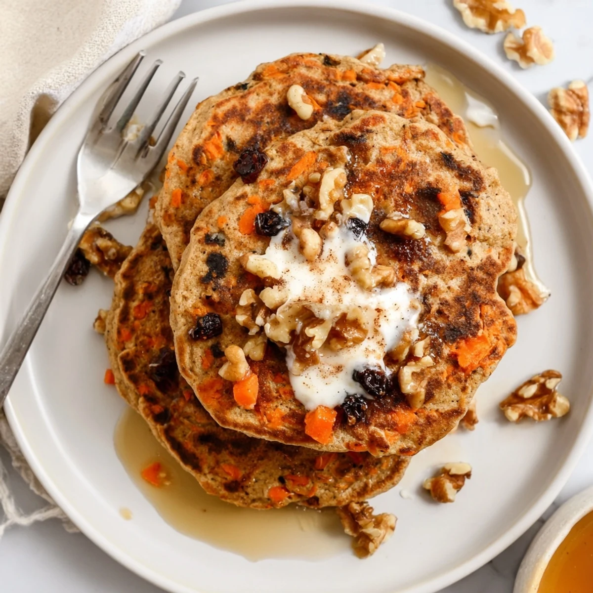 Warm carrot cake pancakes drizzled with cream cheese glaze and sprinkled with extra pecans on a rustic wooden board.