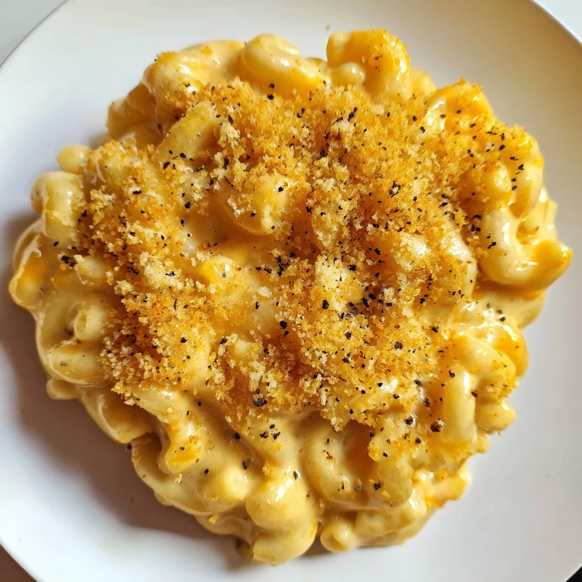 Creamy Mac And Cheese steaming in a bowl, golden breadcrumb topping  