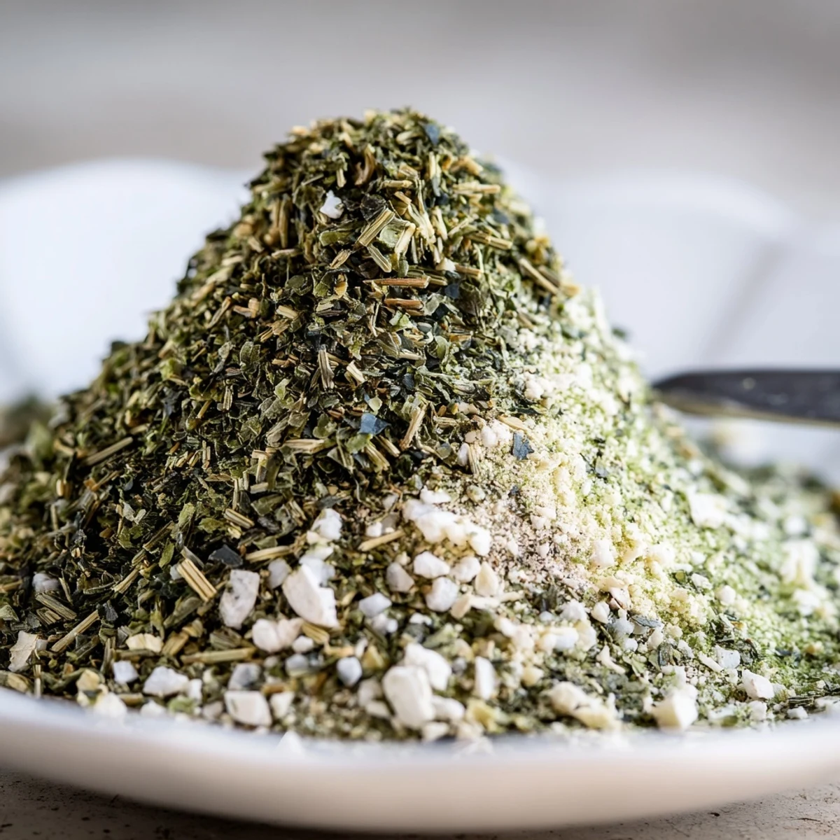 Spoonful of Dehydrated Tzatziki Seasoning Mix resting beside creamy yogurt