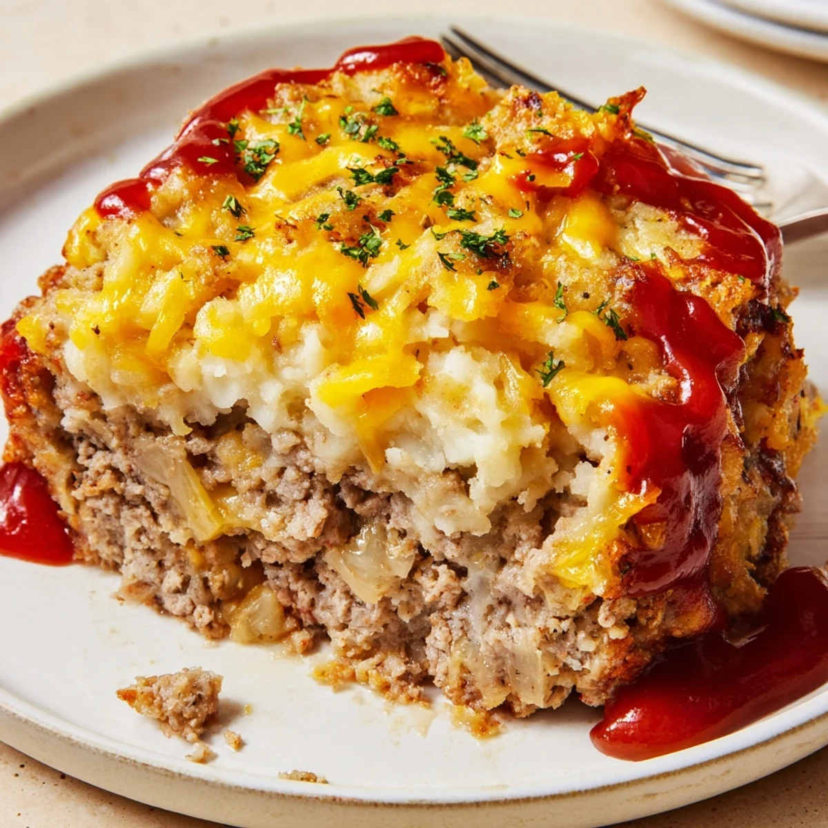 Meatloaf Casserole with golden cheddar, bubbling sauce, creamy mashed potato topping