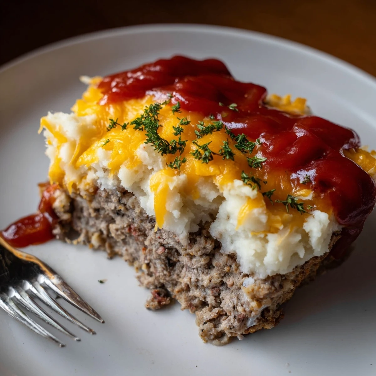 Hot Meatloaf Casserole sliced on plate, savory aroma, parsley garnish