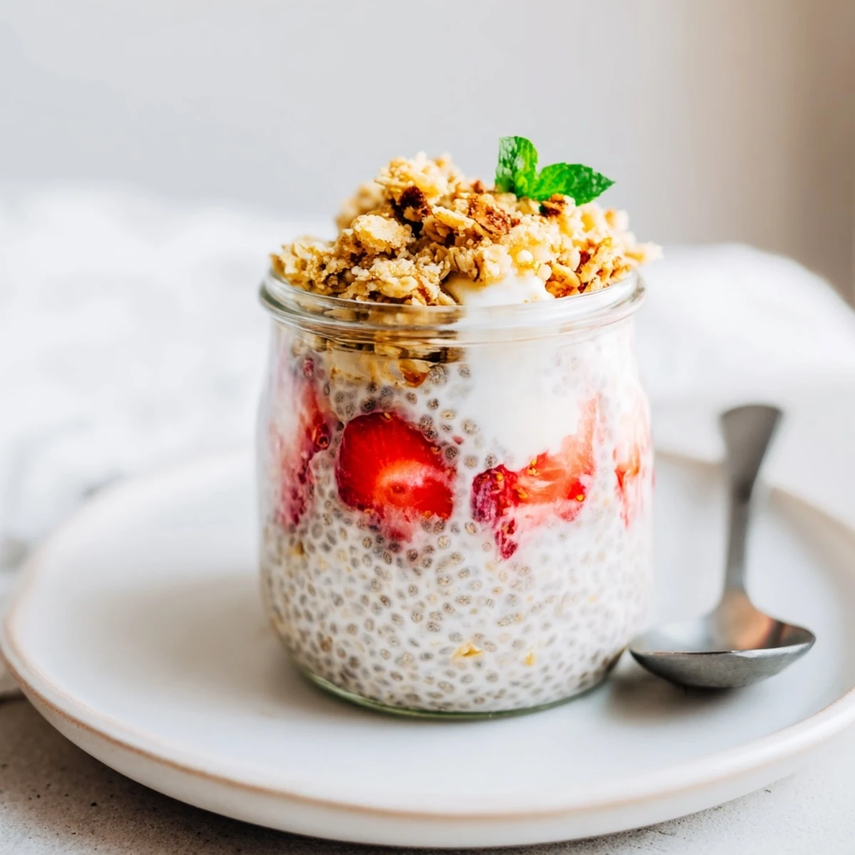 Strawberry Crumble Chia Pudding in a jar, creamy seeds and crunchy oat topping