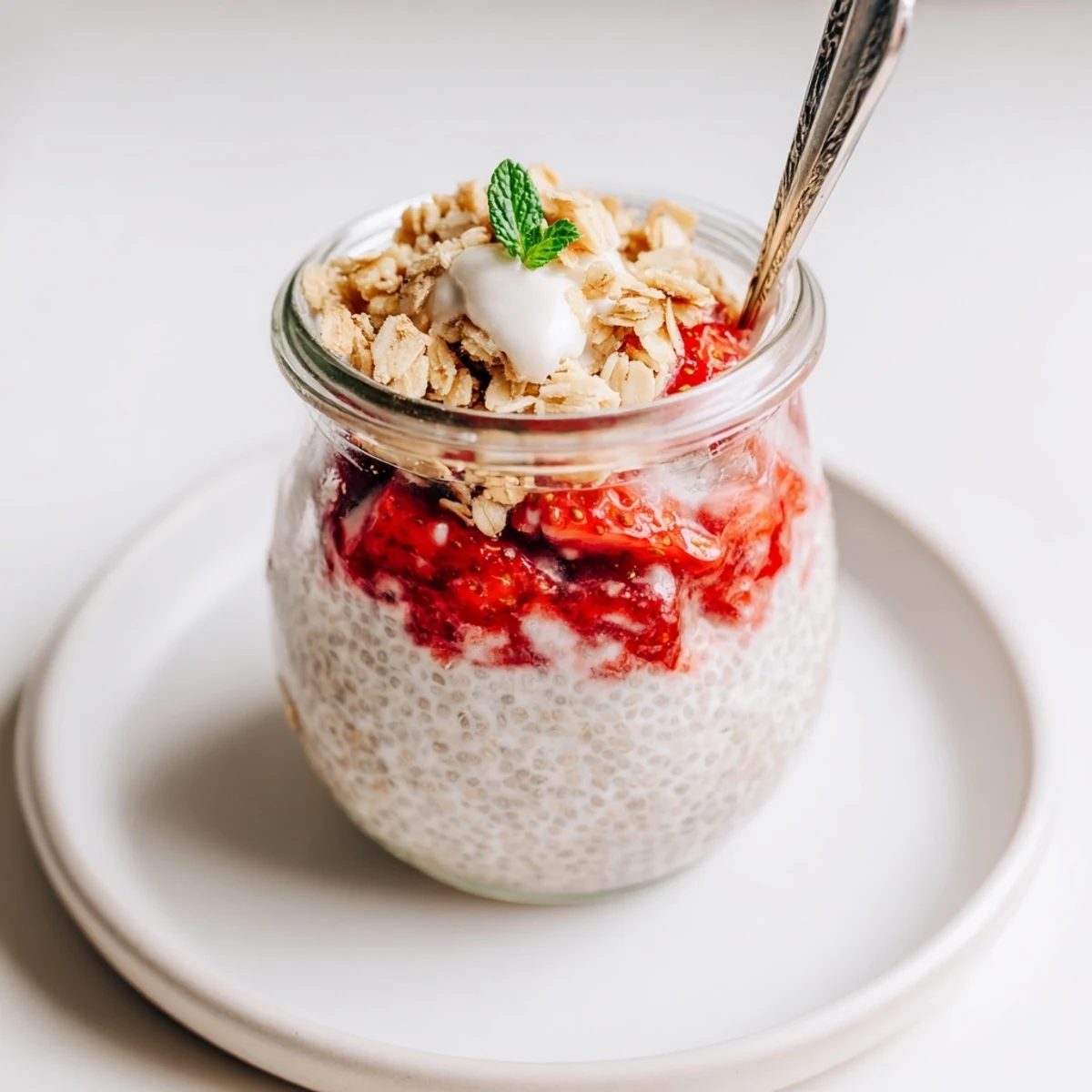 Mini parfaits of Strawberry Crumble Chia Pudding garnished with mint and toasted oats