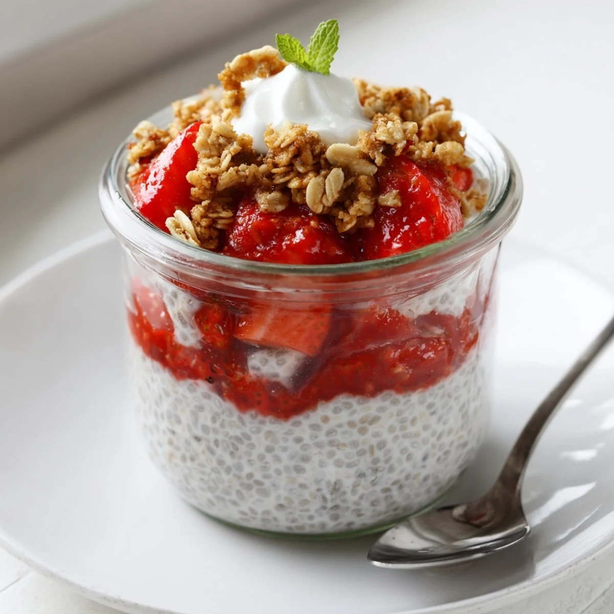 Layered Strawberry Crumble Chia Pudding with bright macerated strawberries and cinnamon crumble