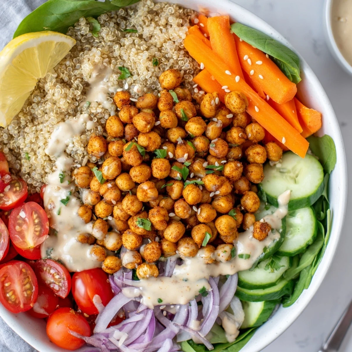 Colorful quinoa chickpea bowl topped with roasted chickpeas and fresh vegetables