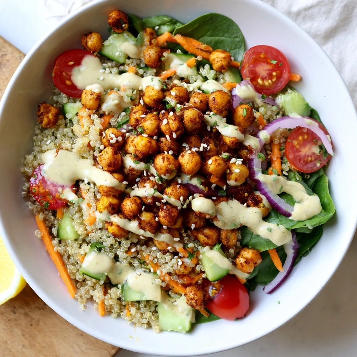 Crispy roasted quinoa chickpea bowl served on a bed of leafy greens