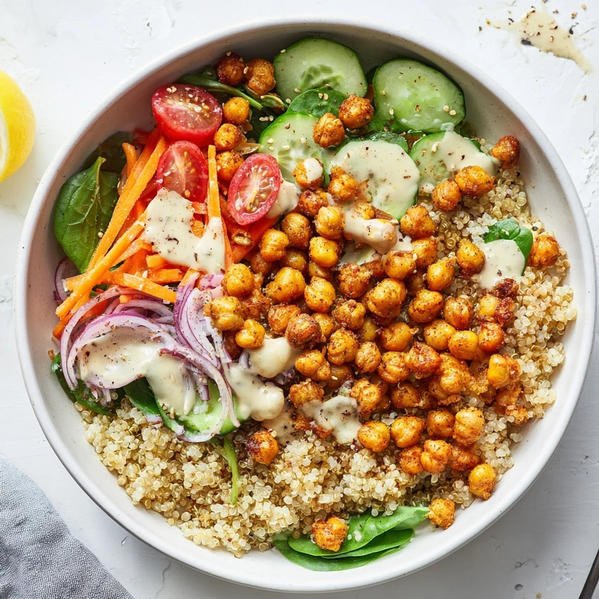 Fluffy quinoa chickpea bowl drizzled with creamy lemon tahini dressing