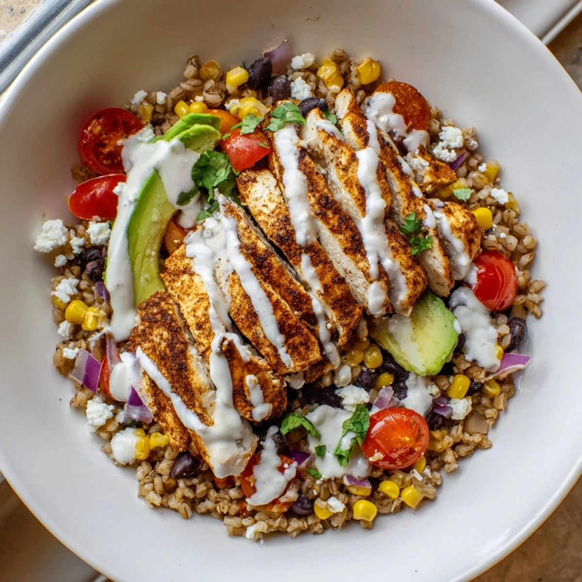 Colorful Mexican Chicken Grain Bowl featuring spiced chicken, fresh veggies, and crumbled cotija cheese