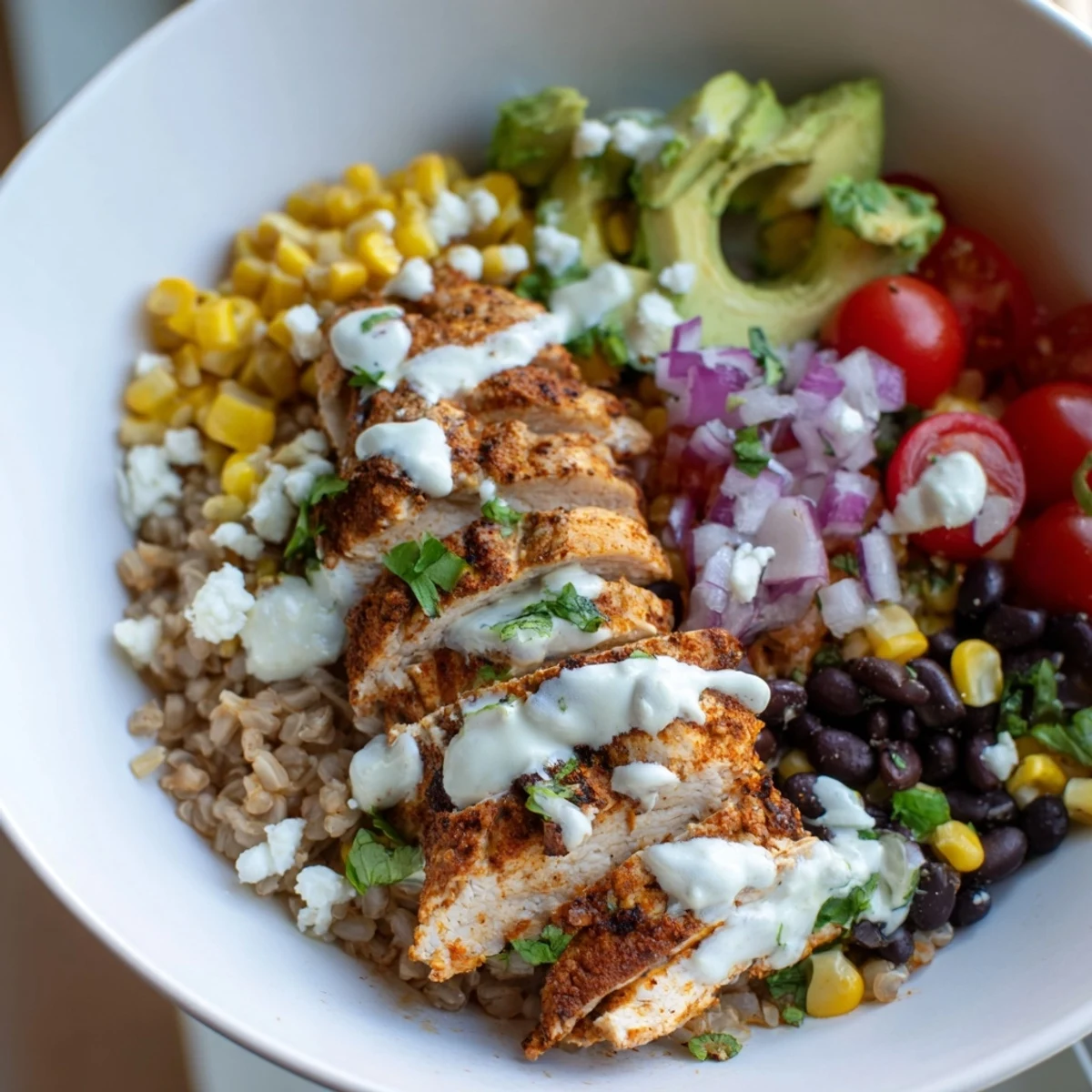 Warm Mexican Chicken Grain Bowl topped with avocado, beans, and drizzled lime crema