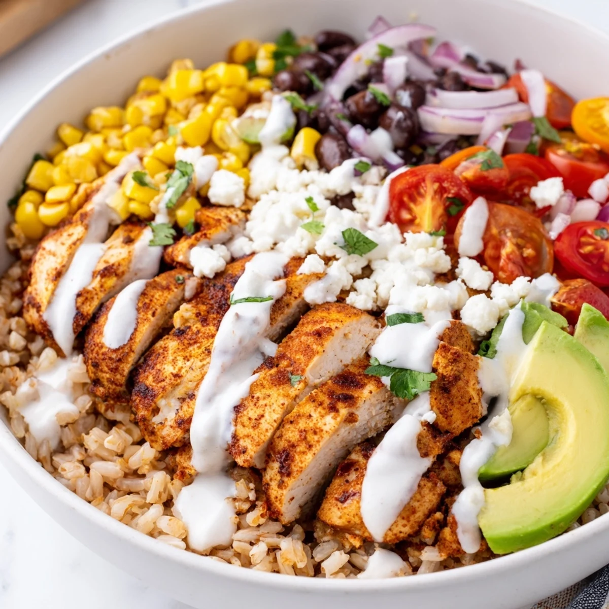 Hearty Mexican Chicken Grain Bowl served with cilantro, corn, and a creamy lime drizzle