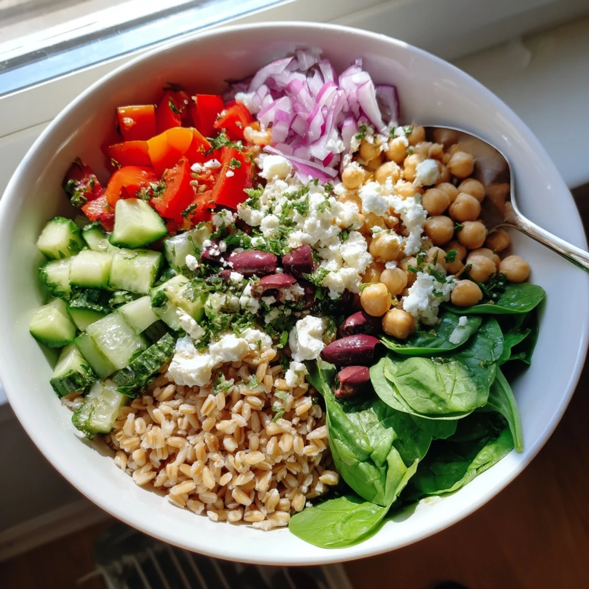 Colorful Mediterranean Grain Bowl topped with fresh crisp vegetables and crumbled feta cheese