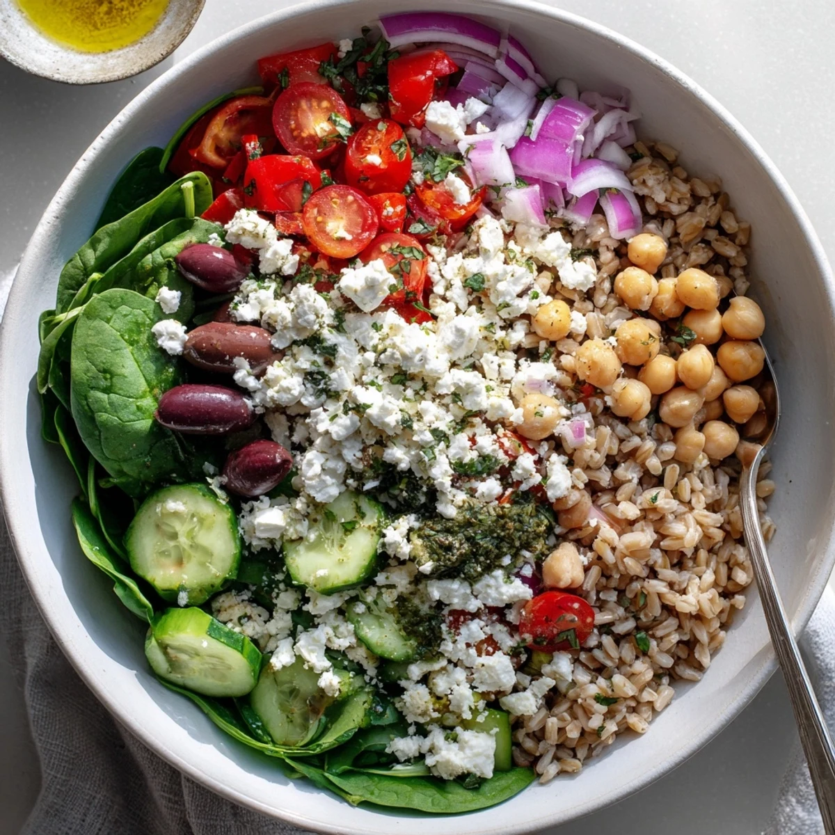 Warm Mediterranean Grain Bowl drizzled with bright lemon herb dressing and scattered olives