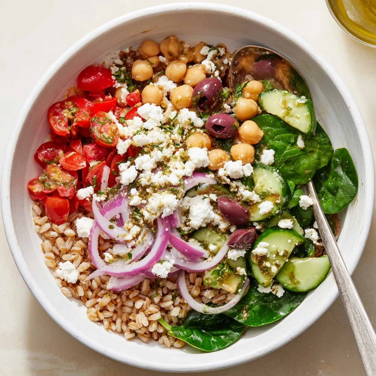 Hearty Mediterranean Grain Bowl served in a rustic dish with chickpeas and baby spinach