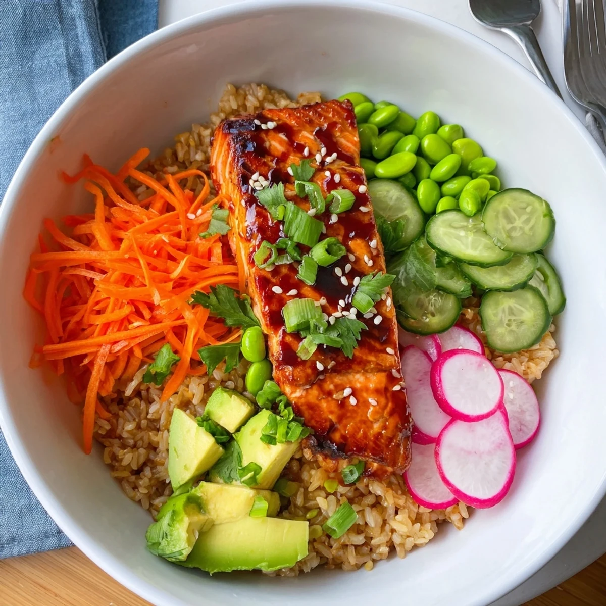 Glazed Asian salmon grain bowl topped with crisp vegetables and toasted sesame seeds