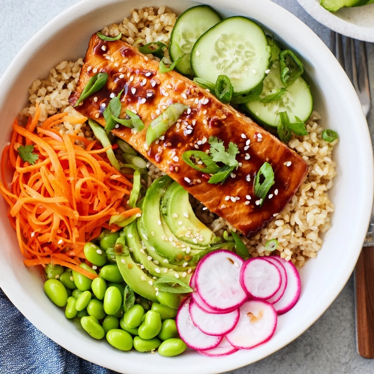 Asian salmon grain bowl with caramelized fish, creamy avocado, and colorful fresh vegetables