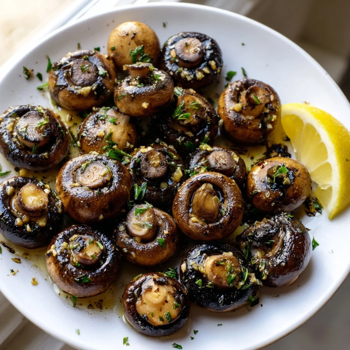 Golden sauteed grilled garlic mushrooms glistening with herb butter in a warm skillet