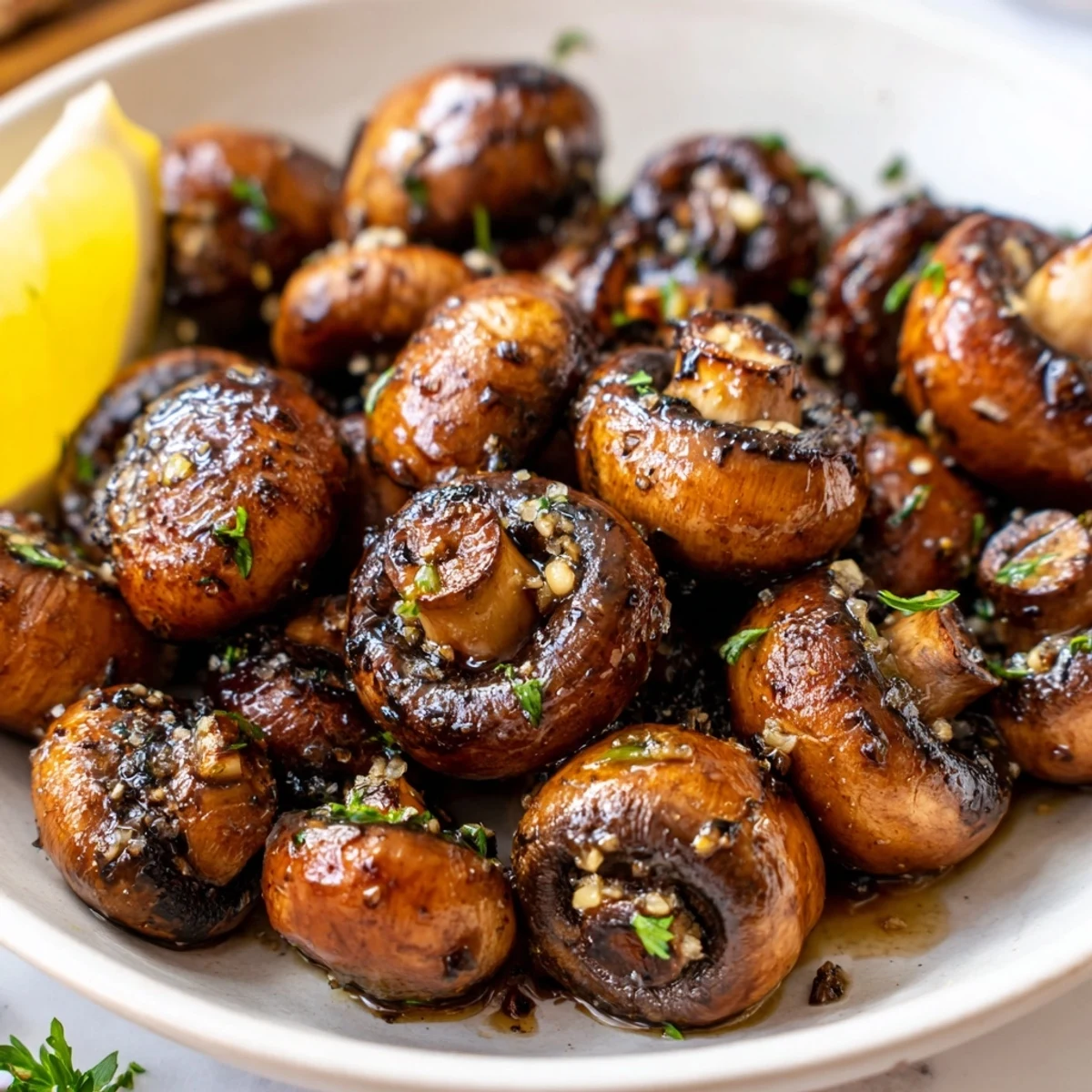Sauteed grilled garlic mushrooms recipe featuring tender cremini caps with fresh parsley and grill marks