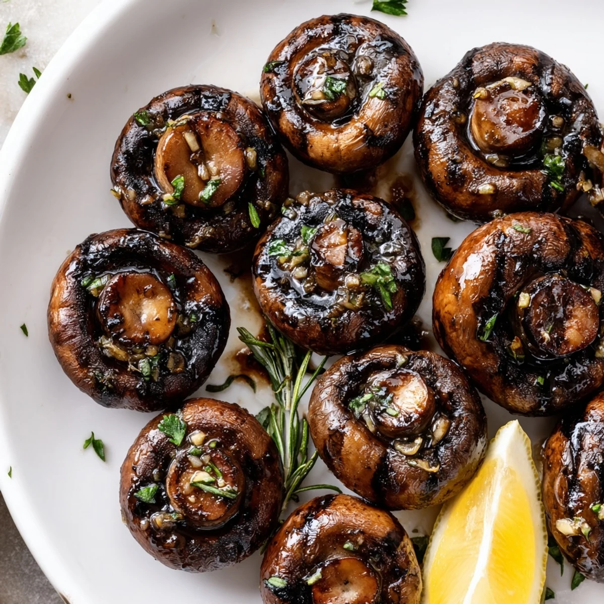 Steaming plate of sauteed grilled garlic mushrooms drizzled with balsamic and served alongside lemon wedges