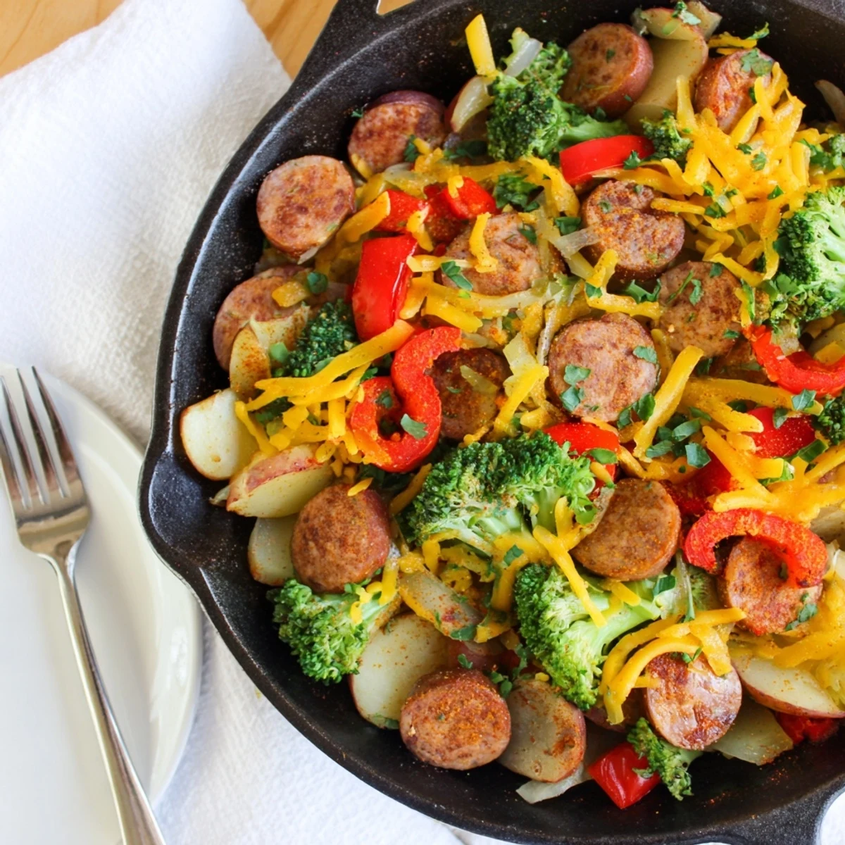 Cheesy Kielbasa Skillet with golden potatoes, vibrant peppers, and bubbling melted cheddar cheese