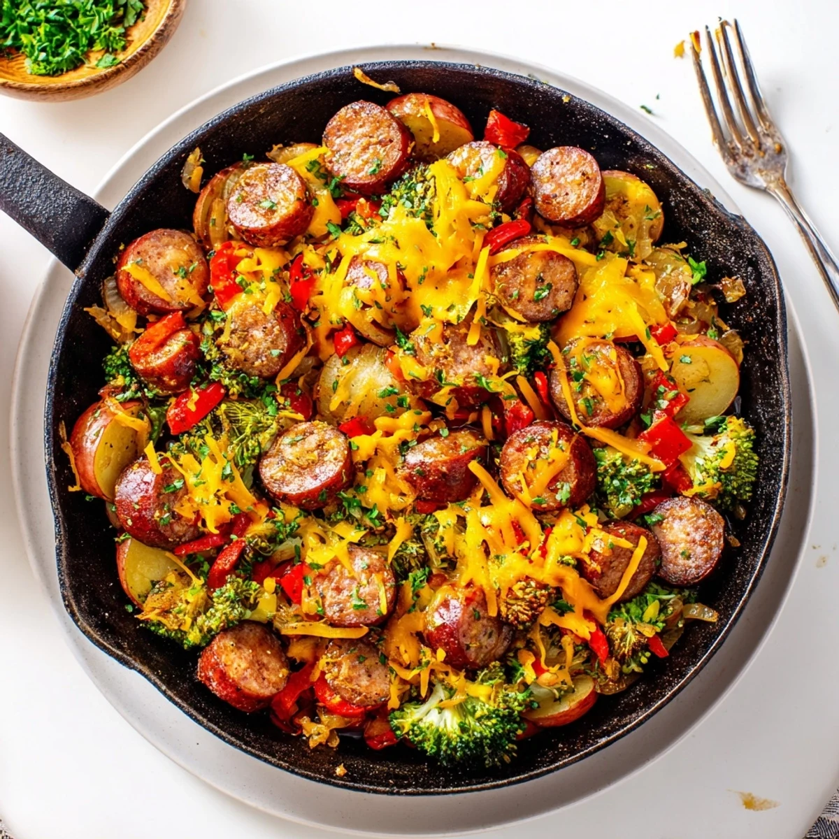 Smoky kielbasa slices nestled among tender vegetables under a blanket of gooey melted cheese