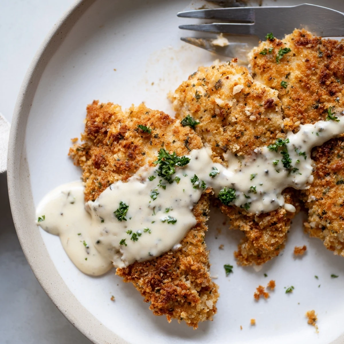 Golden crispy Parmesan chicken drizzled with creamy garlic sauce on a white plate