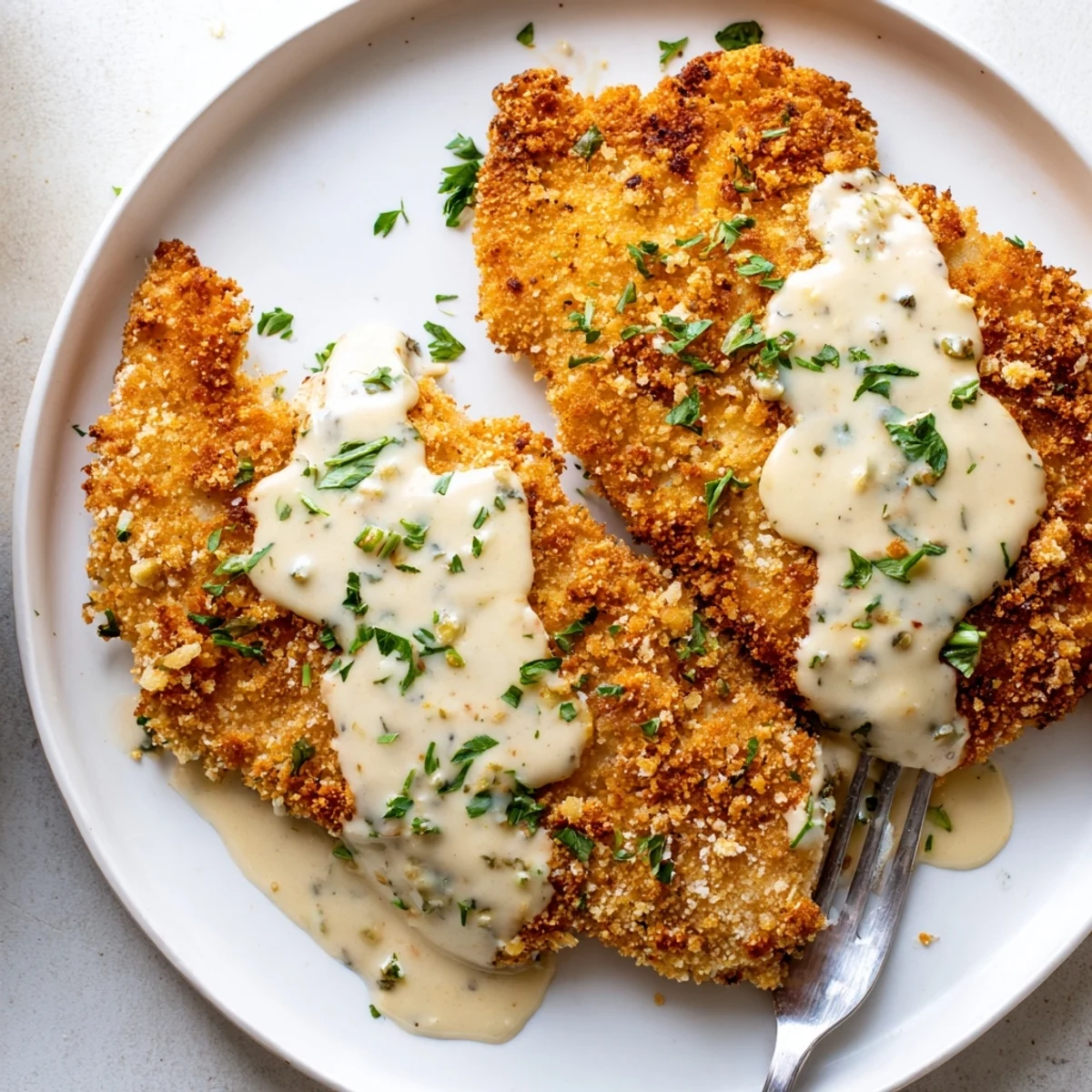 Crispy Parmesan chicken with creamy garlic sauce served over buttered noodles