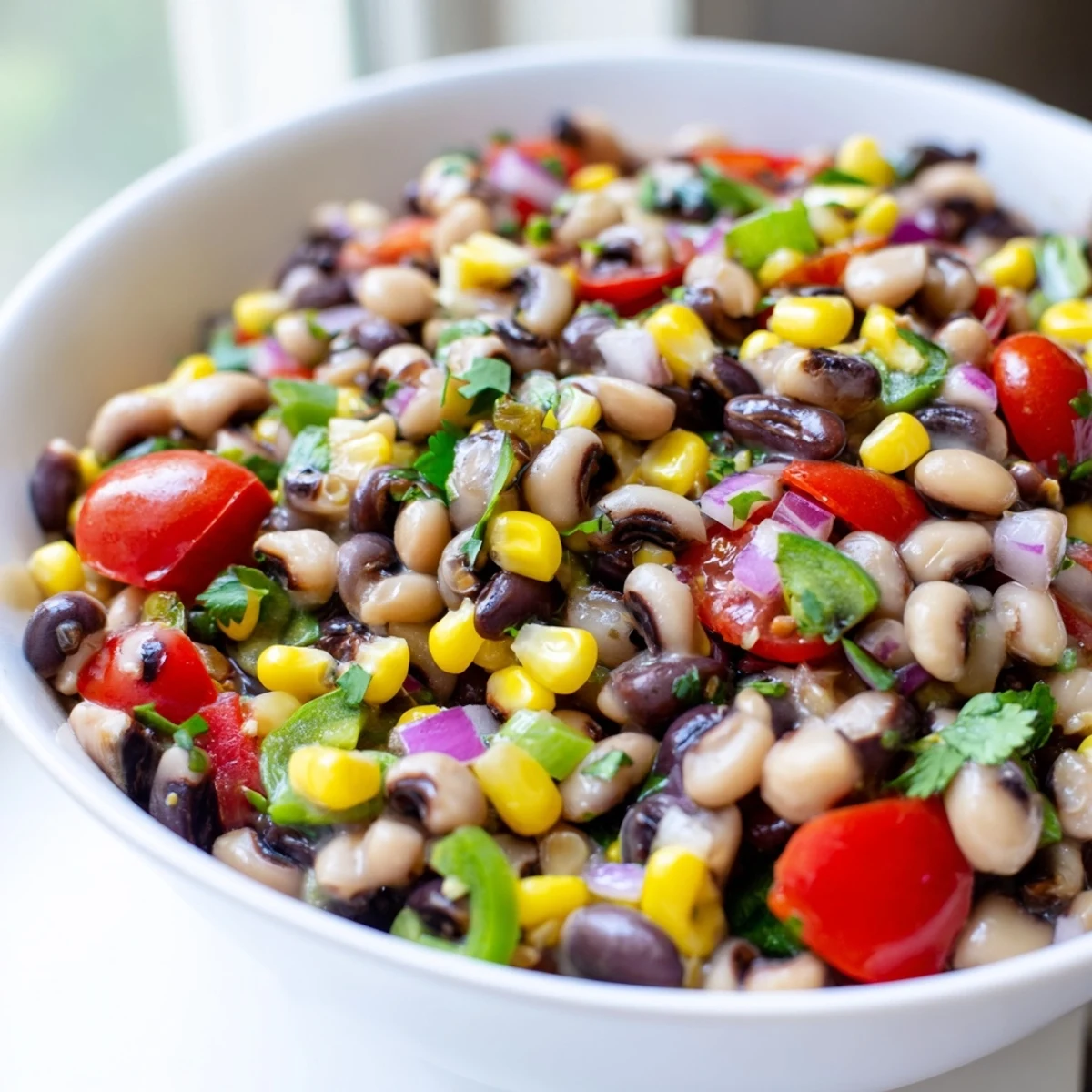Colorful Cowboy Caviar in a rustic bowl with bright peppers and fresh cilantro
