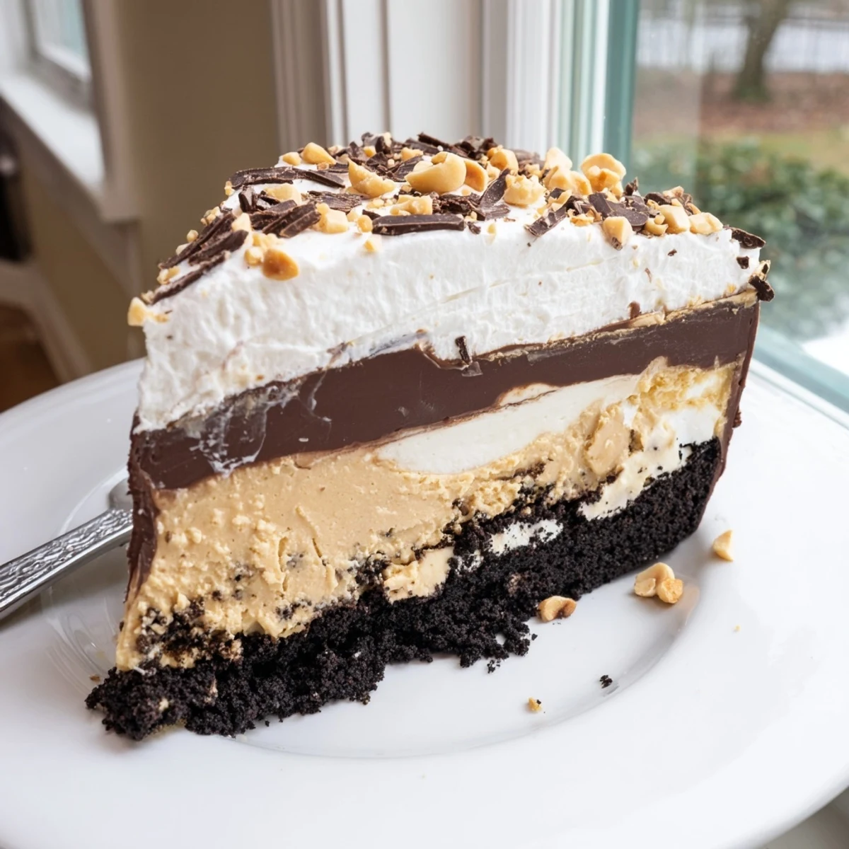 Creamy peanut butter layered delight with rich chocolate ganache on a cookie crust