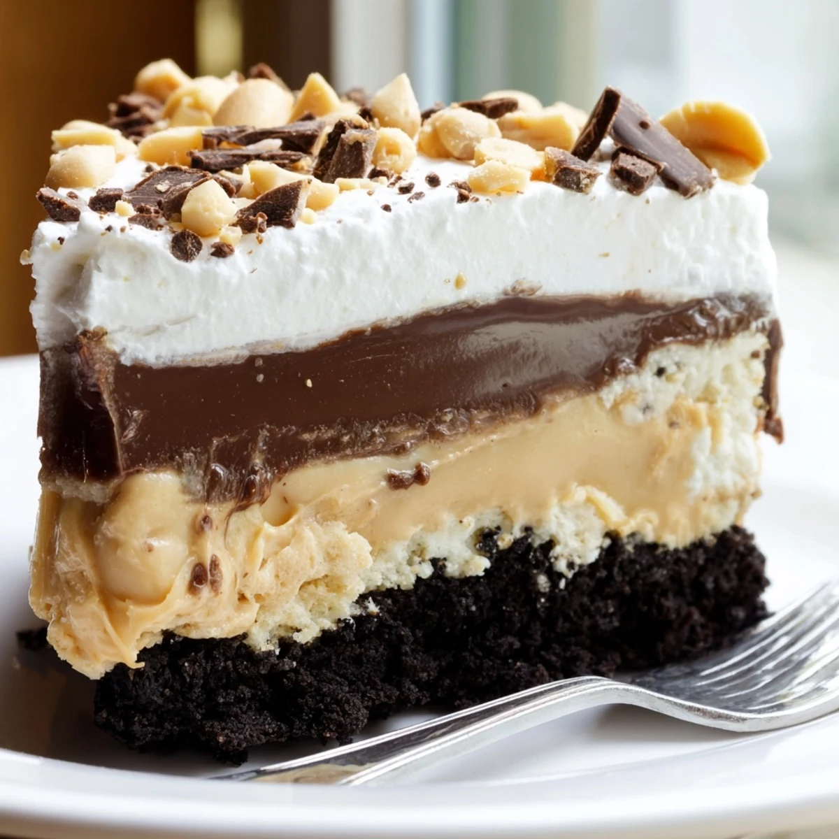 Luscious peanut butter layered delight showing velvety chocolate and peanut butter layers together