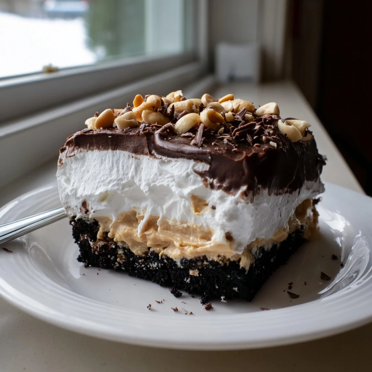 Peanut butter layered delight sliced into squares topped with whipped cream and peanuts