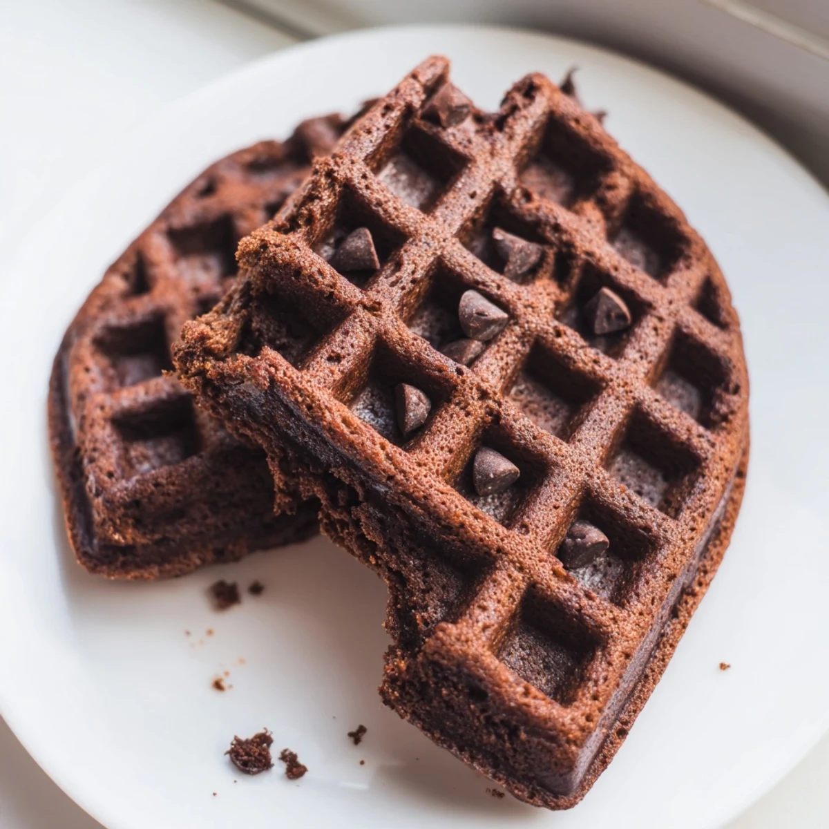 Crisp fudgy brownie waffles fresh off the iron with melted chocolate chips throughout