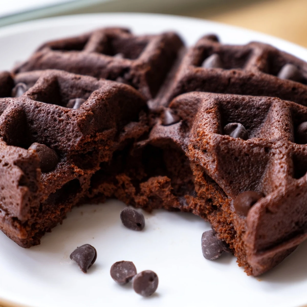 Warm fudgy brownie waffles stacked on a plate topped with fluffy whipped cream