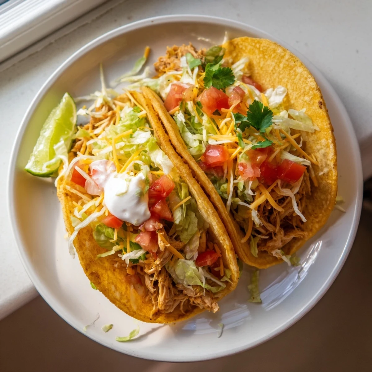 Slow Cooker Ranch Chicken Tacos topped with fresh lettuce, tomatoes, and melted cheddar on warm tortillas.