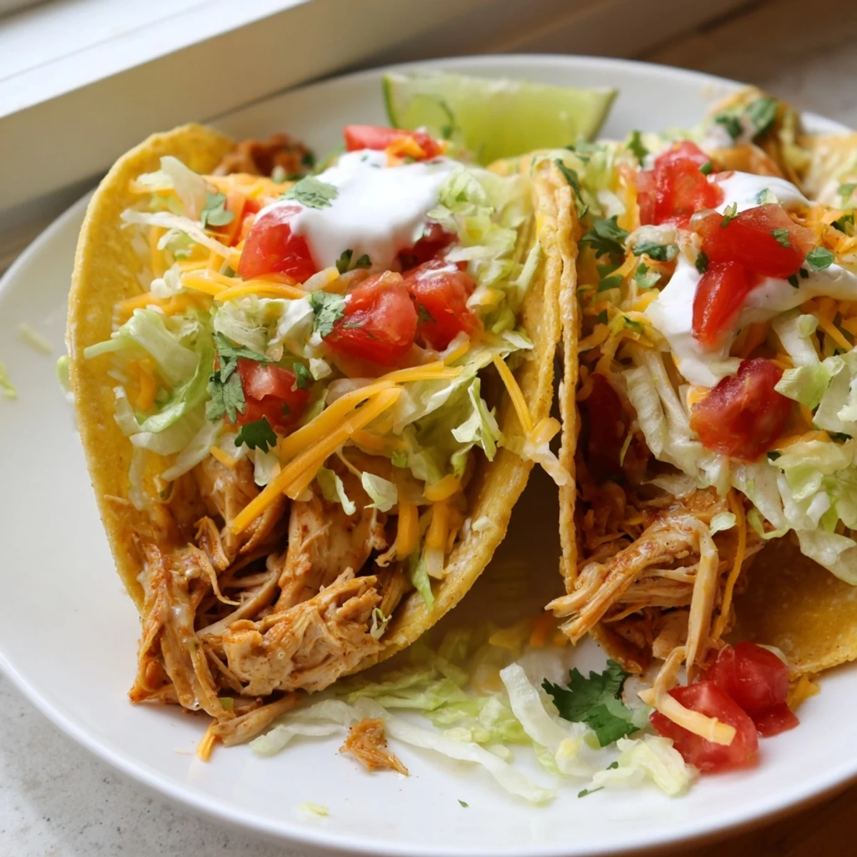 Juicy shredded Slow Cooker Ranch Chicken Tacos loaded with sour cream, cilantro, and a lime wedge.