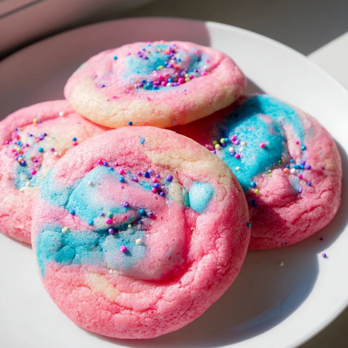 Soft cotton candy cookies with swirled pink and blue pastel dough
