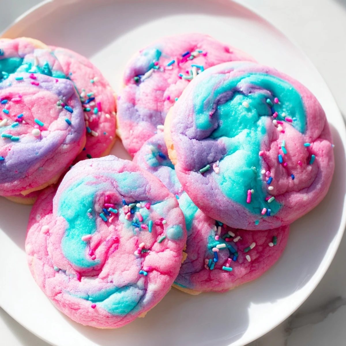 Cotton candy cookies topped with colorful sprinkles on a cooling rack
