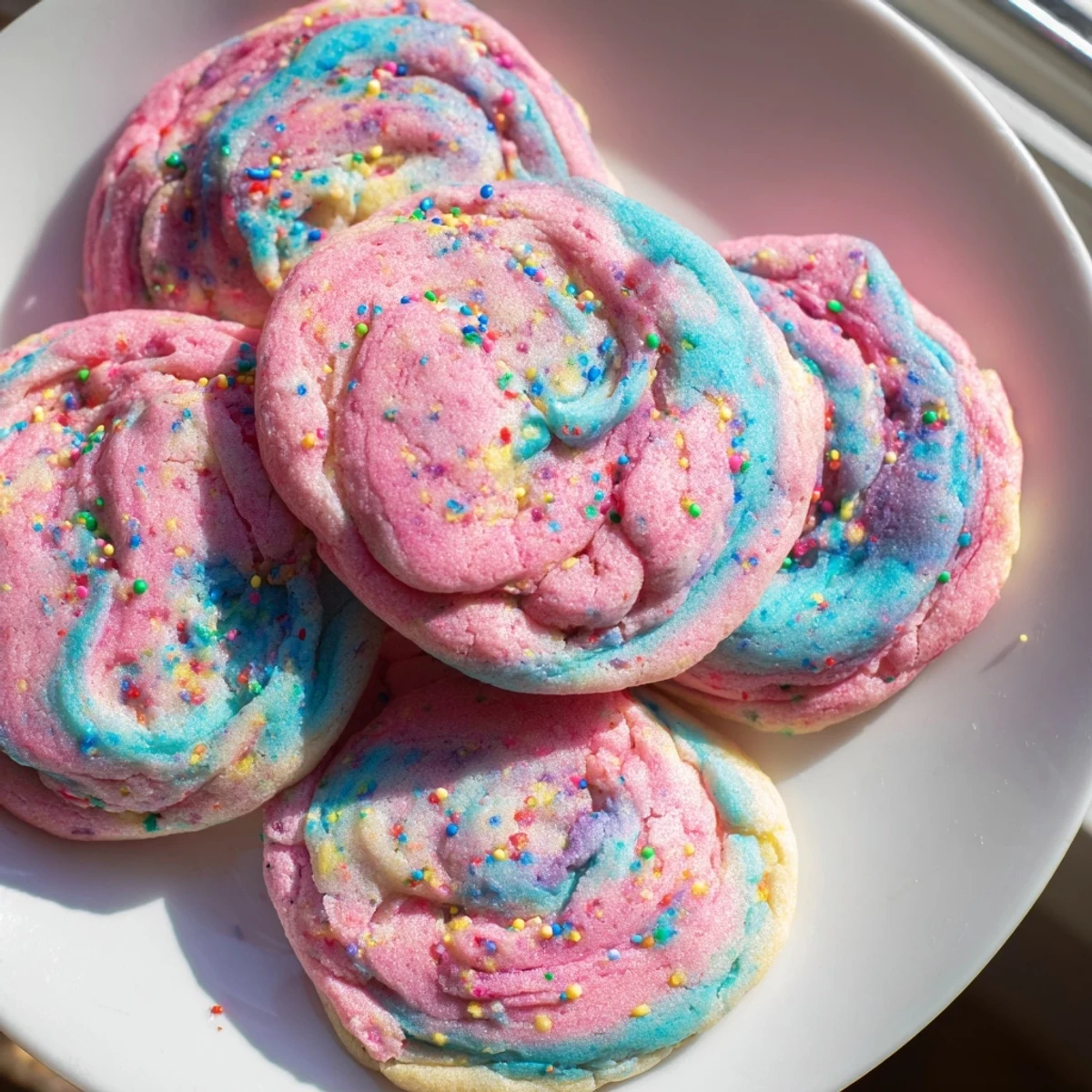 Chewy cotton candy cookies featuring marbled pink and blue batter edges