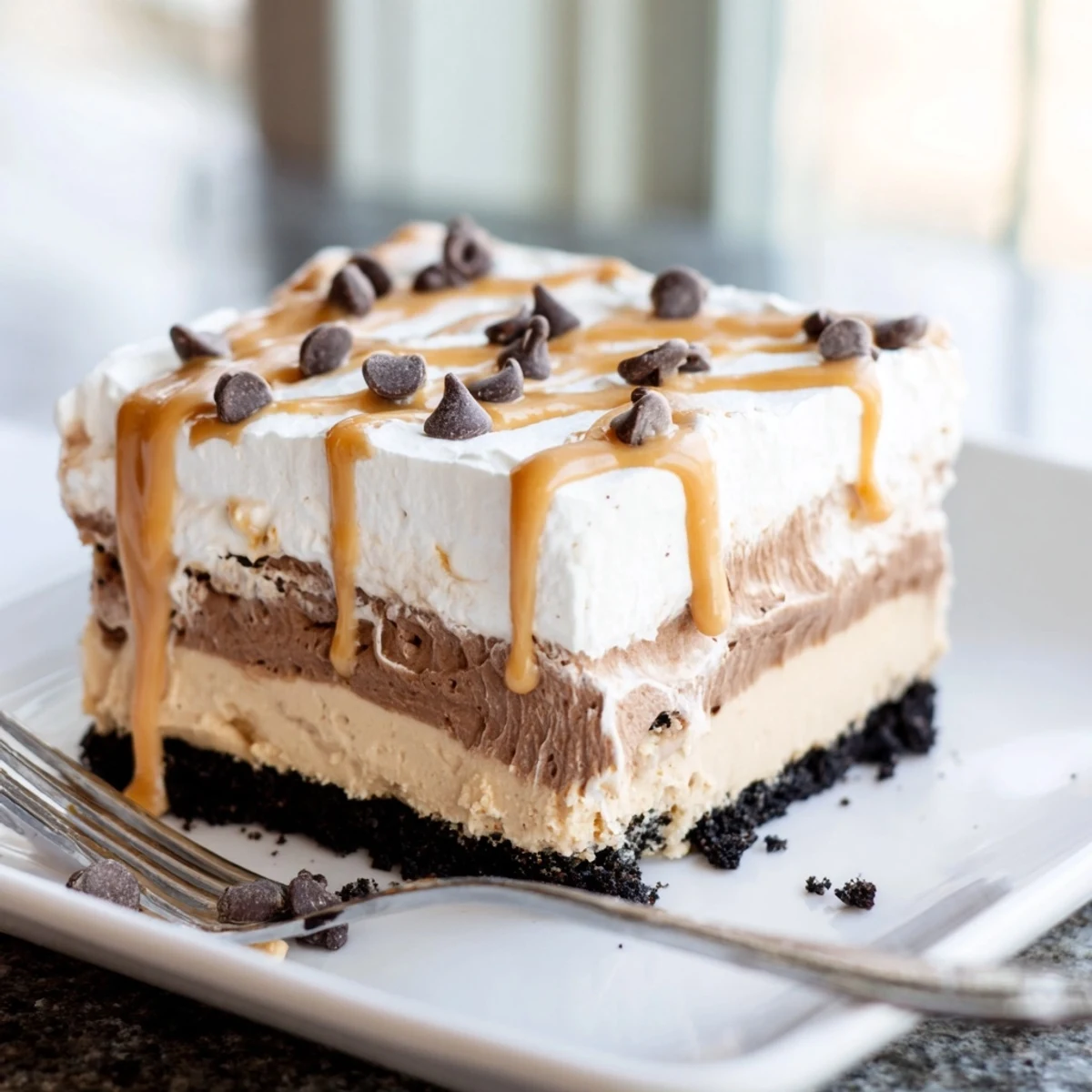 Peanut Butter Layered Delight sliced into neat squares showing rich chocolate and peanut butter layers