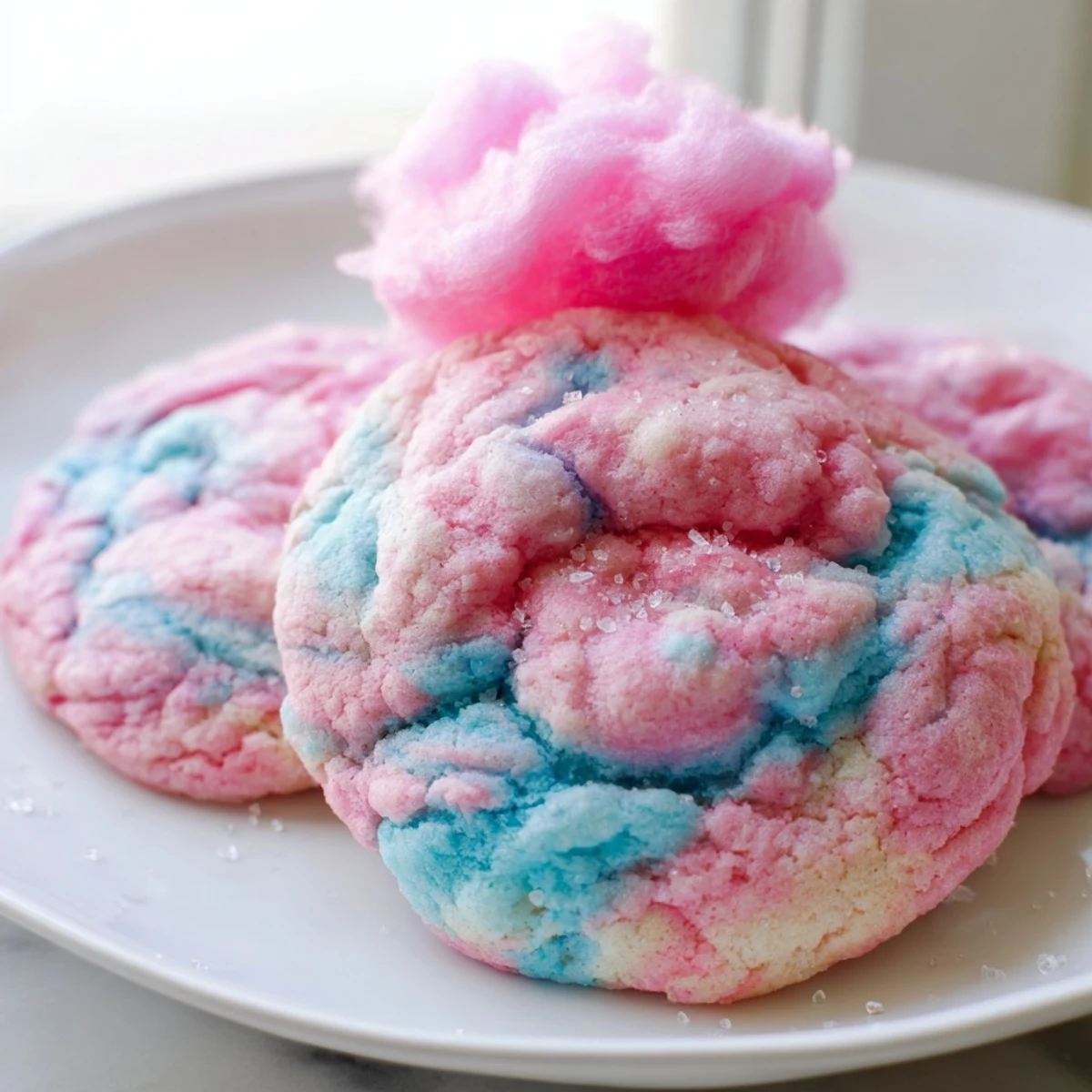 Swirled pink and blue cotton candy cookies with soft, chewy centers on a parchment-lined baking sheet