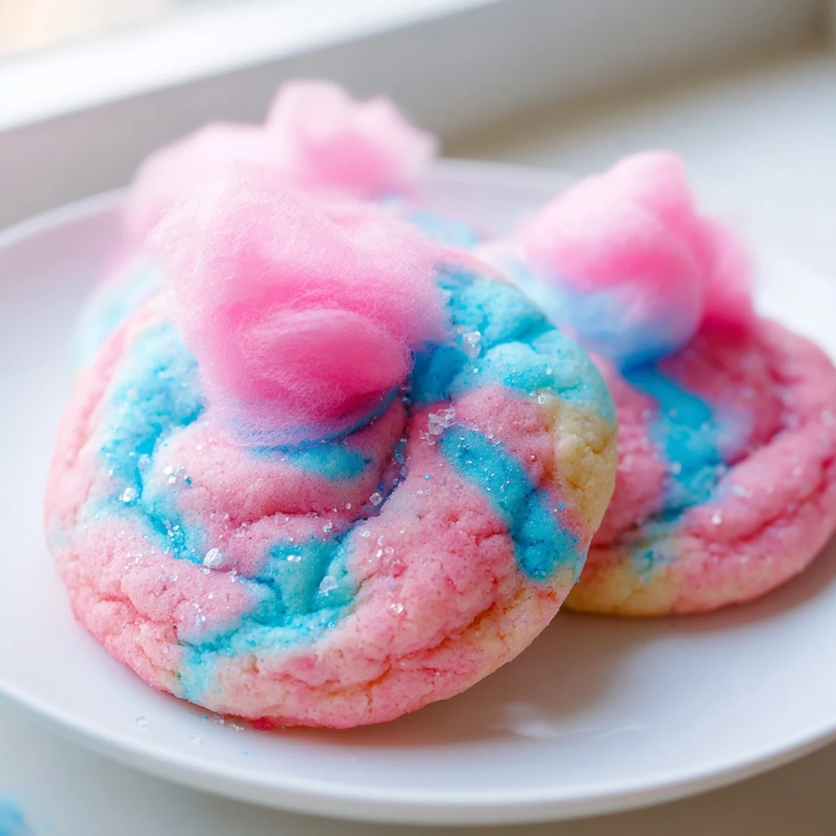 Pastel cotton candy cookies topped with fluffy spun sugar garnish arranged on a festive party platter