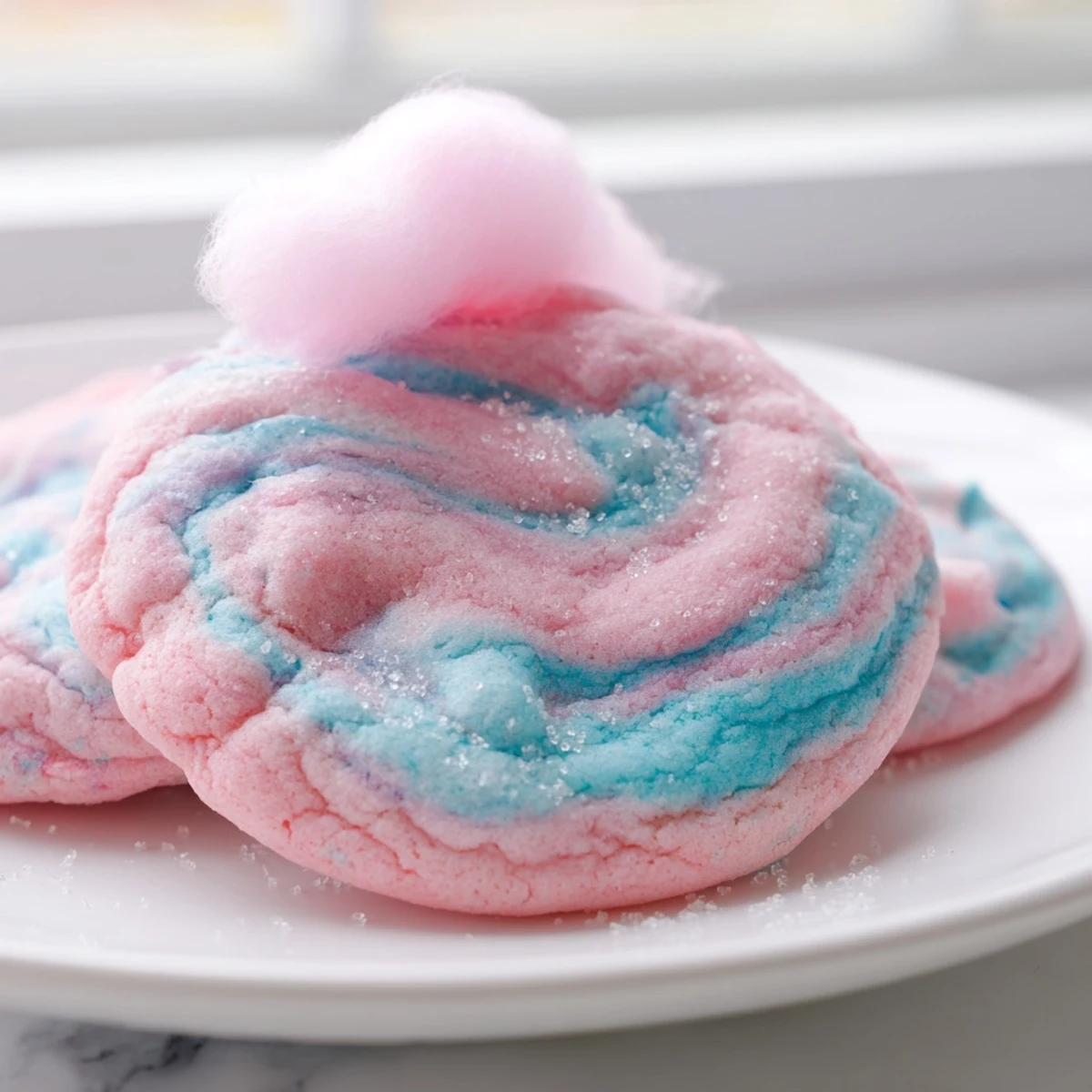 Marbled cotton candy cookies with crisp edges and tender, buttery crumbs displayed on a white cake stand
