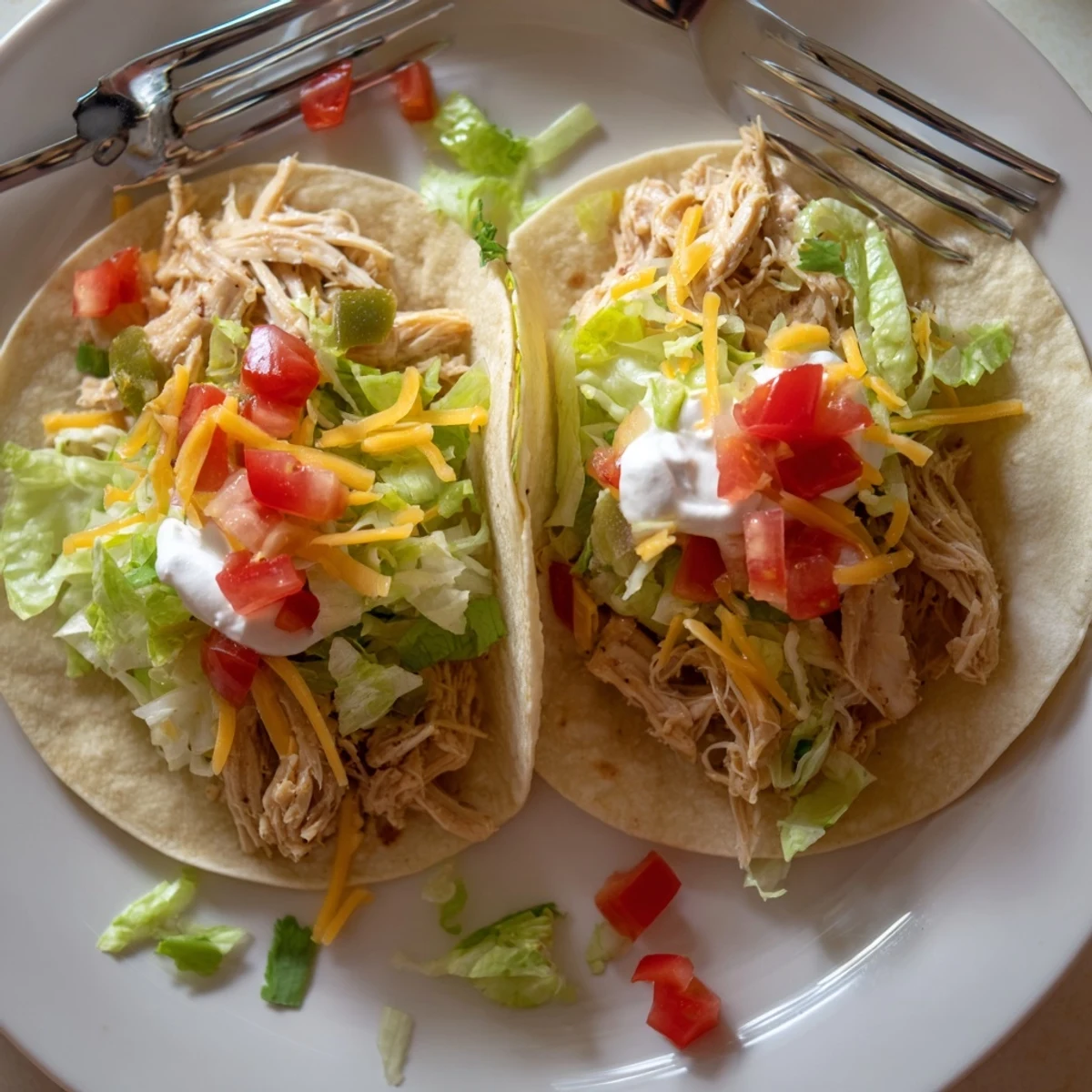 Slow Cooker Ranch Chicken Tacos with tender shredded meat drizzled in cool sour cream