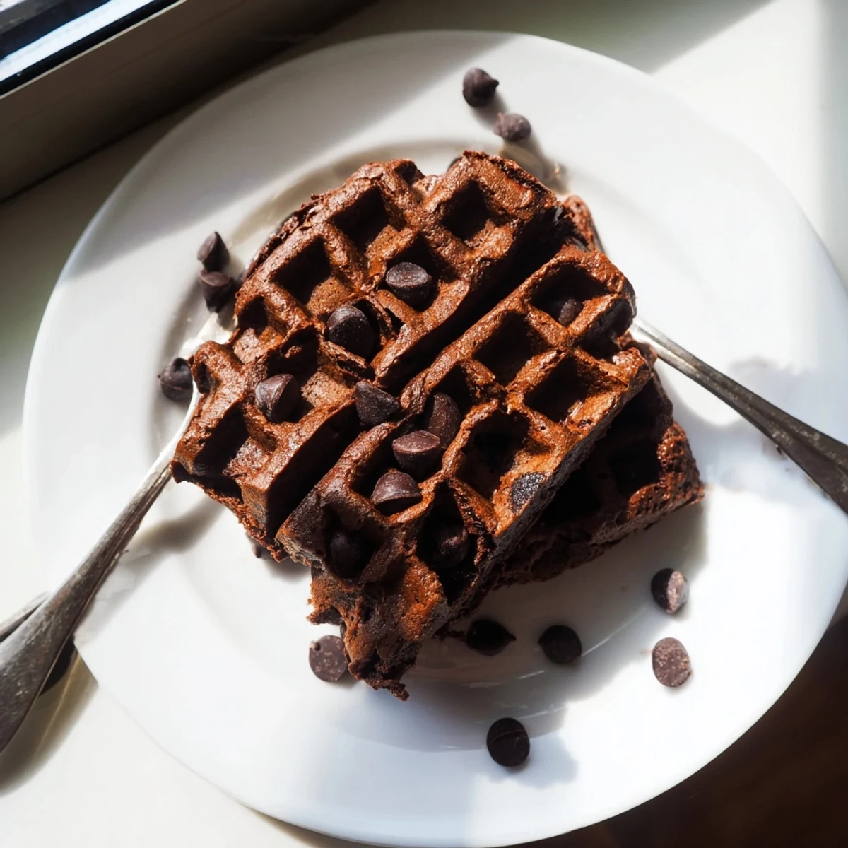 Crisp-edged fudgy brownie waffles with melted chocolate chips on a plate