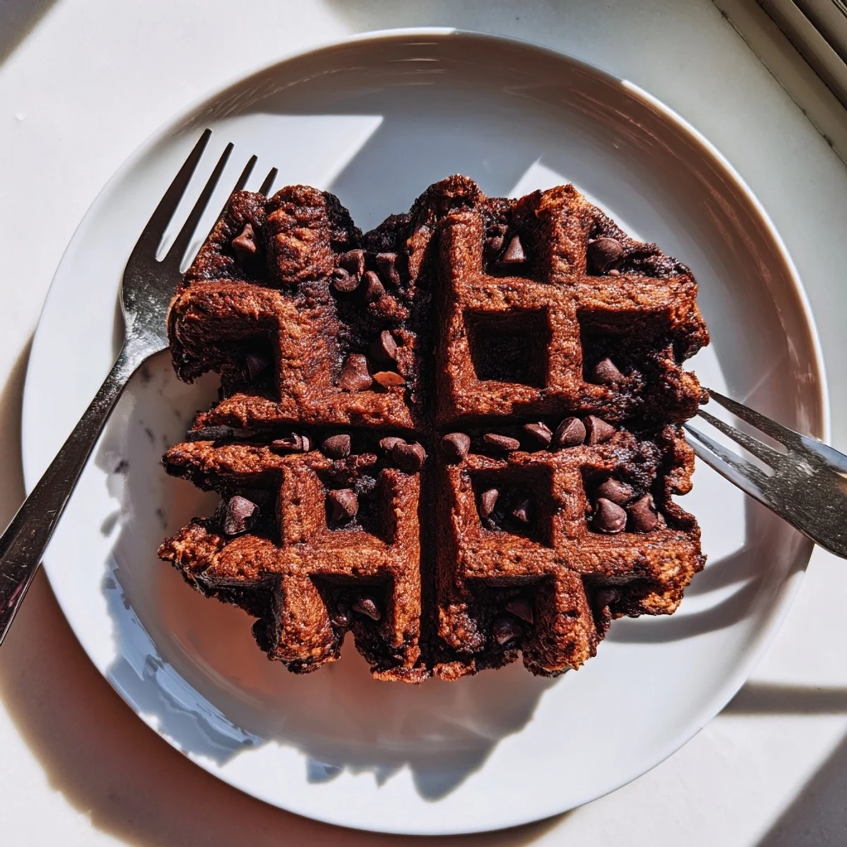 Warm fudgy brownie waffles drizzled with syrup and topped with berries