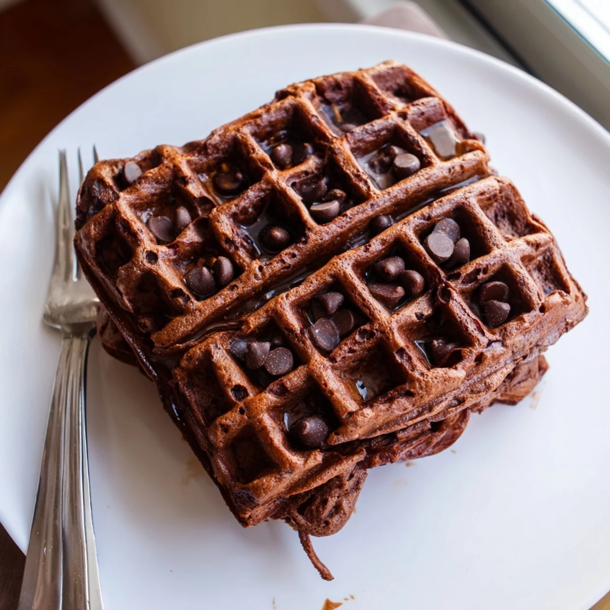 Thick batter pouring into a waffle iron for fudgy brownie waffles