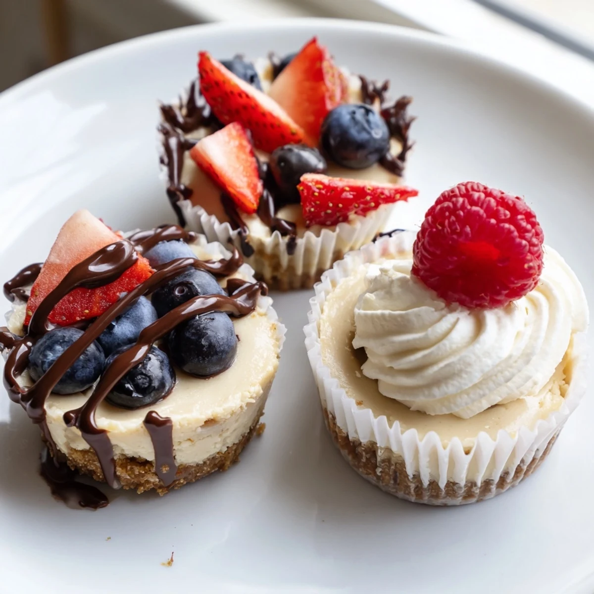 Golden graham cracker crust mini cheesecakes drizzled with rich caramel sauce