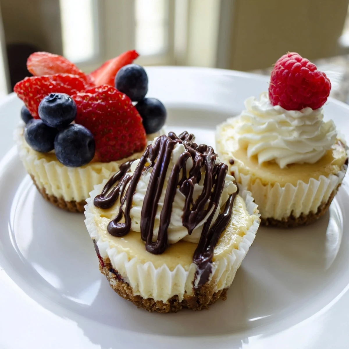 Creamy mini cheesecakes topped with fresh berries on a rustic white plate