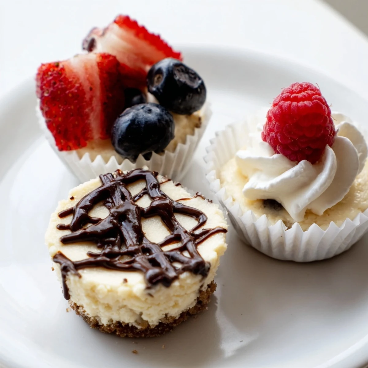 Individual mini cheesecakes with whipped cream and colorful fruit toppings arranged beautifully