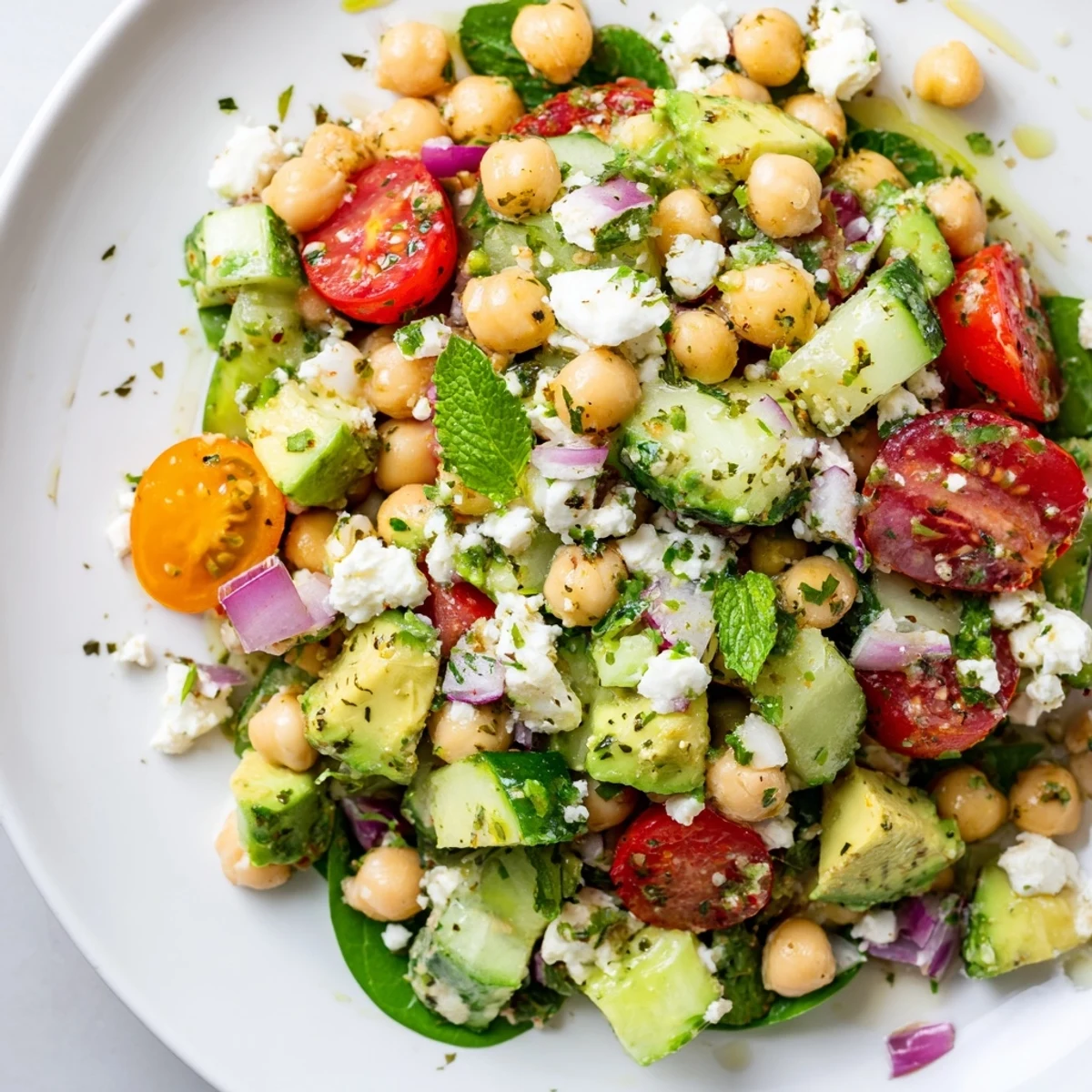 Creamy Chickpea Feta Avocado Salad topped with crumbled feta and fresh herbs